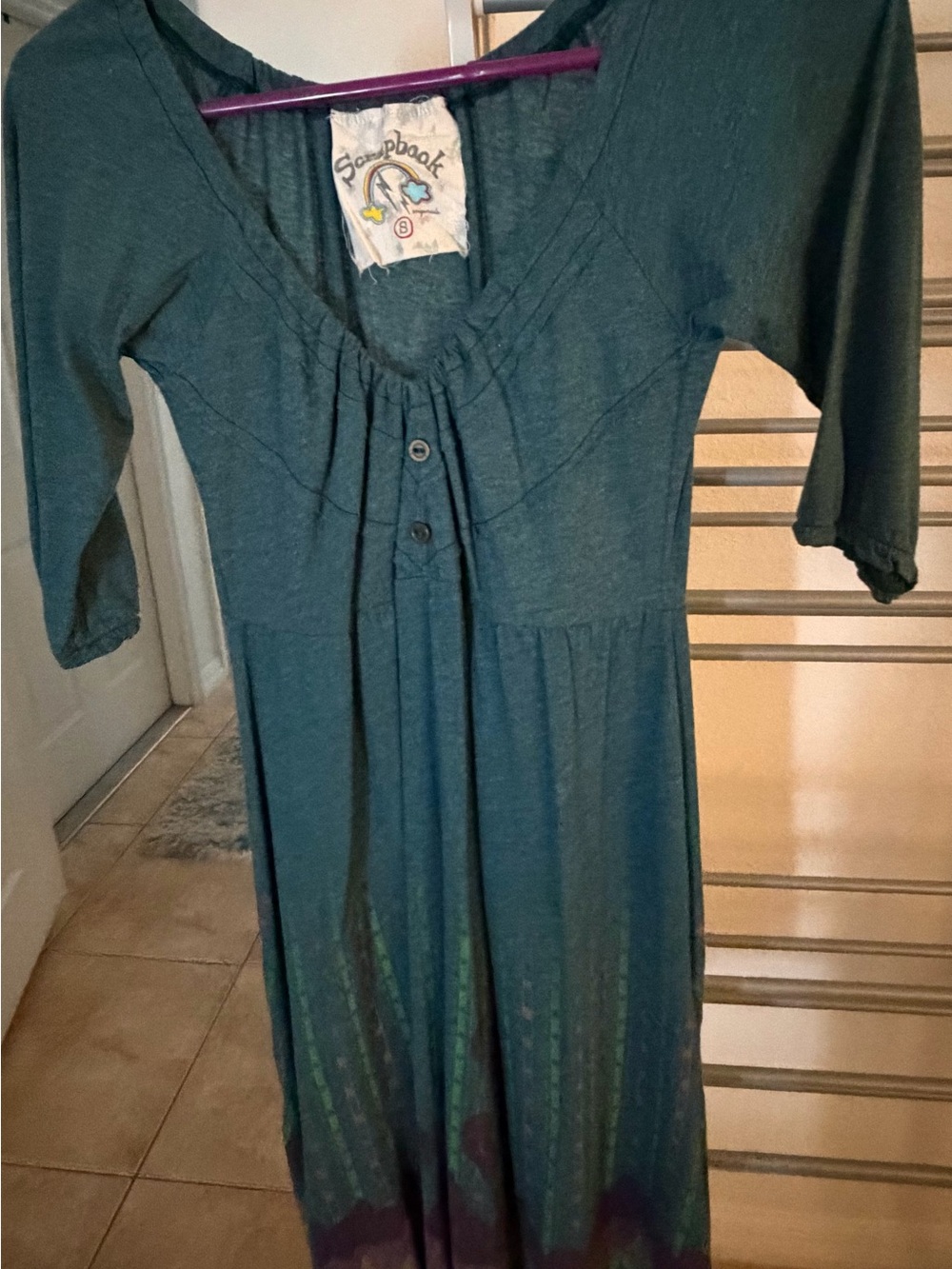 Scoop front Teal Dress with Button Front and Cute Design on Bottom